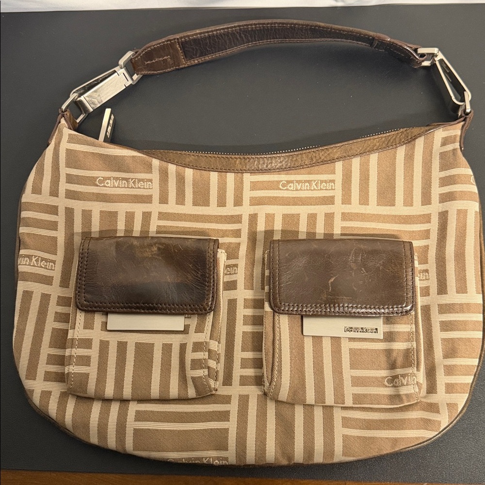 Calvin Klein Geometric Brown and Cream Shoulder Bag